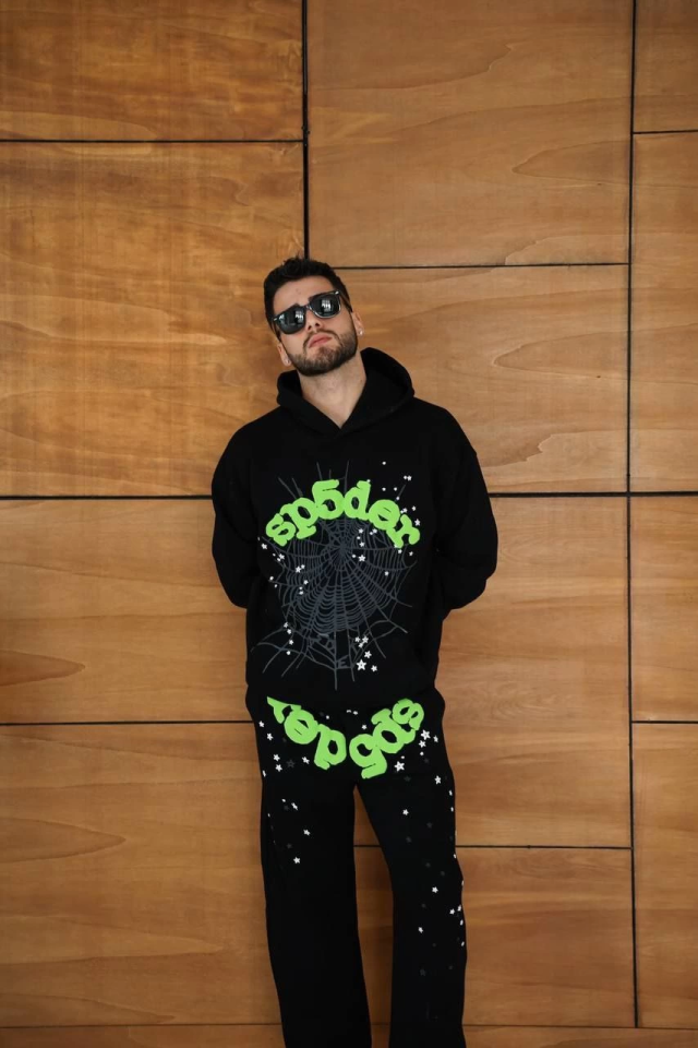 Erkek Kapüşonlu Eşofman Takım Örümcek Ağı Ve Neon Yeşil Baskılı Kanguru Cepli Oversize Rahat Kalıp, - Görsel 4