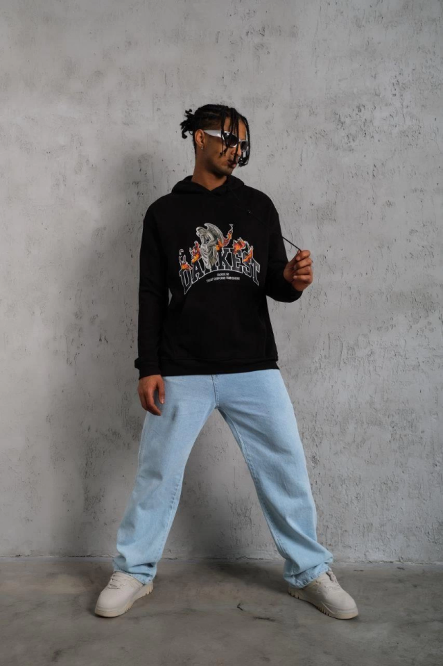 Erkek Oversize Kapüşonlu Sweatshirt – Siyah Renk Üç İplik İçi Pamuklu Kanguru Cepli Baskılı Hoodie R