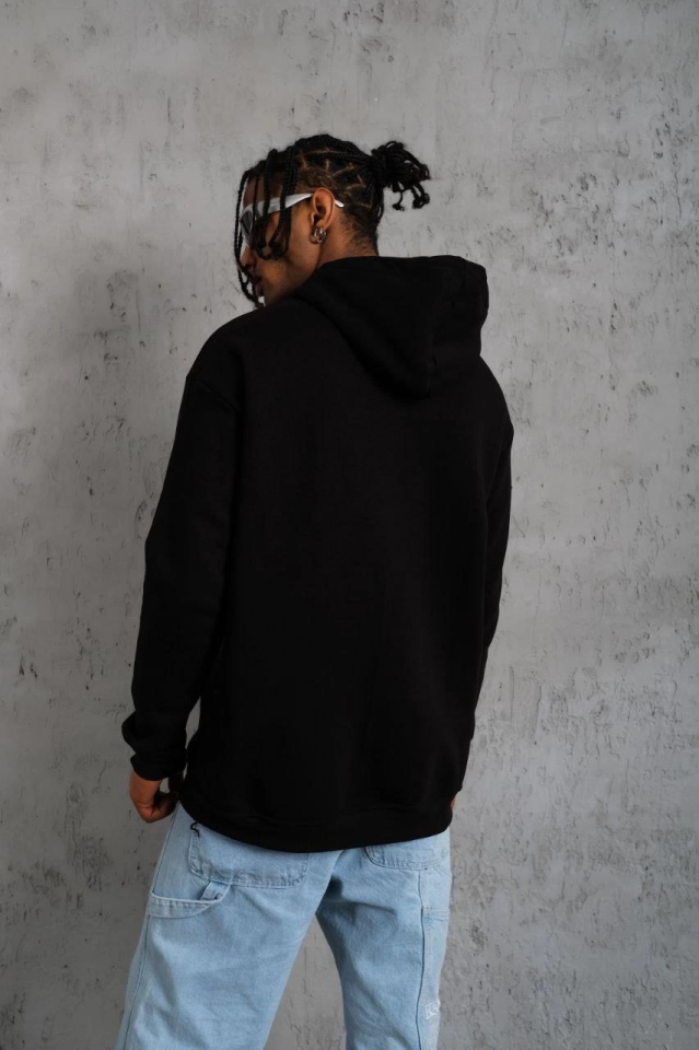 Erkek Oversize Kapüşonlu Sweatshirt – Siyah Renk Üç İplik İçi Pamuklu Kanguru Cepli Baskılı Hoodie R - Görsel 3