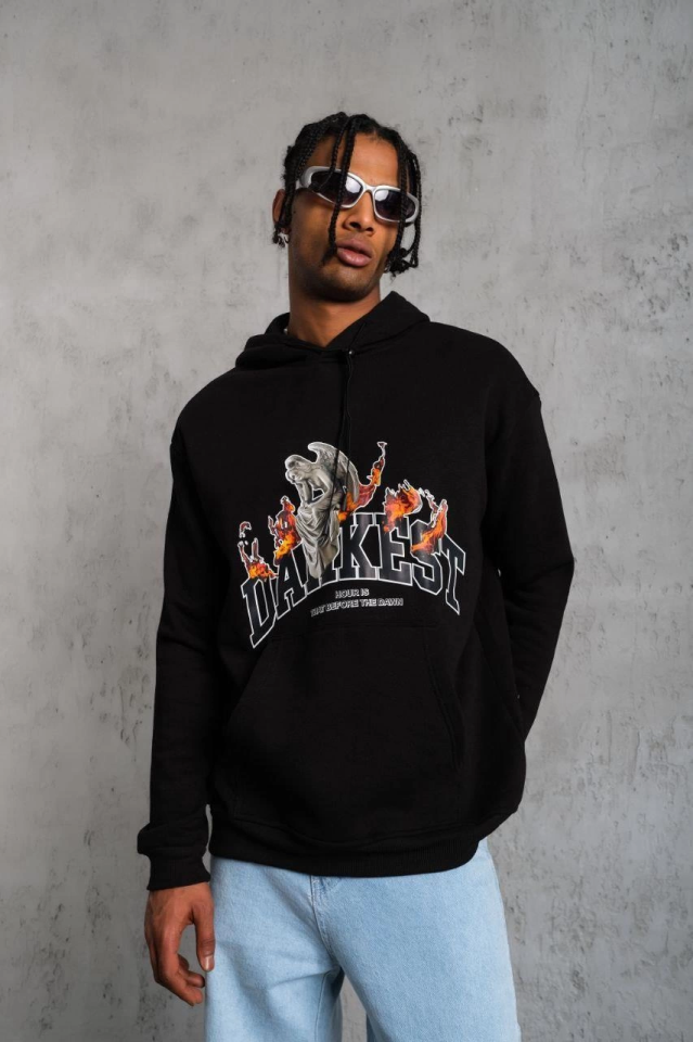 Erkek Oversize Kapüşonlu Sweatshirt – Siyah Renk Üç İplik İçi Pamuklu Kanguru Cepli Baskılı Hoodie R - Görsel 4