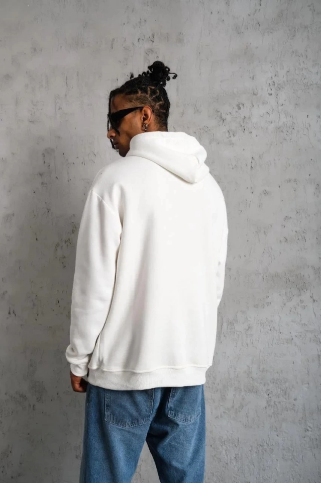 Erkek Oversize Kapüşonlu Sweatshirt – Beyaz Renk Üç İplik İçi Pamuklu Kanguru Cepli Baskılı Hoodie R