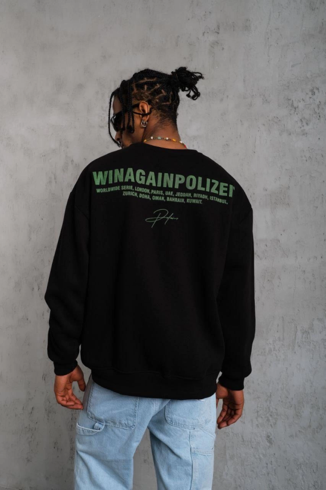 Erkek Oversize Sweatshirt – Siyah Renk Ön Ve Sırt Baskılı, Üç İplik İçi Pamuklu Kumaş, Rahat Kalıp,