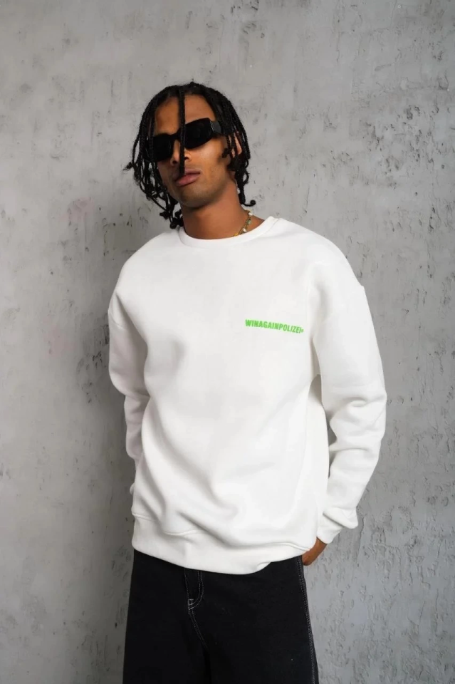 Erkek Oversize Sweatshirt – Beyaz Renk Ön Ve Sırt Baskılı, Üç İplik İçi Pamuklu Kumaş, Rahat Kalıp,