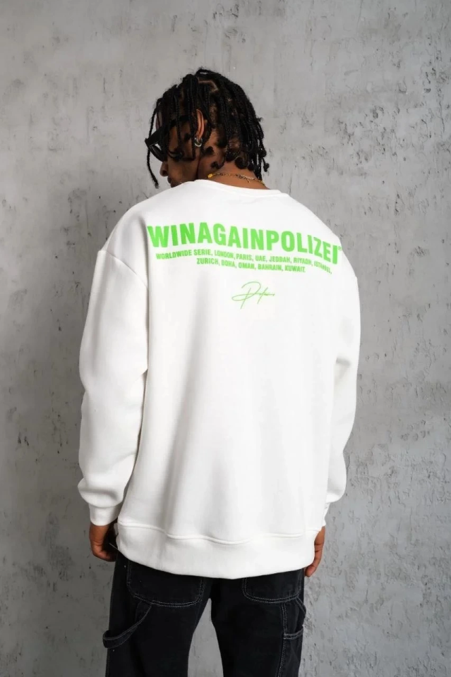 Erkek Oversize Sweatshirt – Beyaz Renk Ön Ve Sırt Baskılı, Üç İplik İçi Pamuklu Kumaş, Rahat Kalıp, - Görsel 3