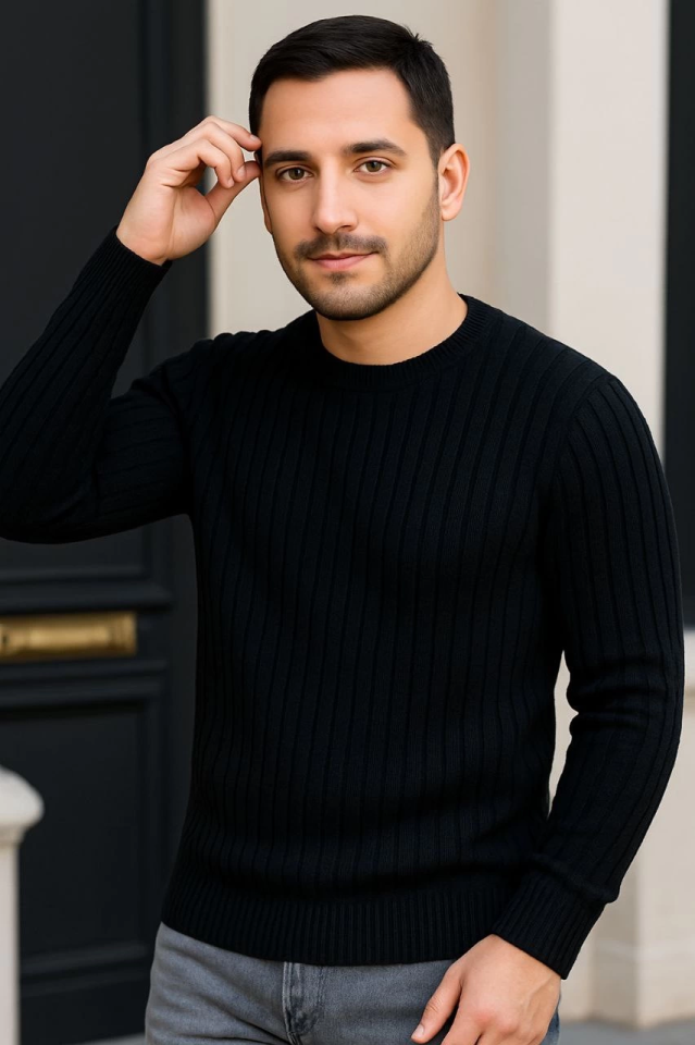 Erkek Fitilli Triko Kazak 2’li Set – Siyah – Bordo, Kalın Dokuma Pamuklu Regular Fit Bisiklet Yaka U