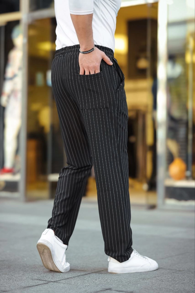Erkek Cizgili Dokuma Krep Jogger Buggy Pantalon Rahat Kalıp – Siyah