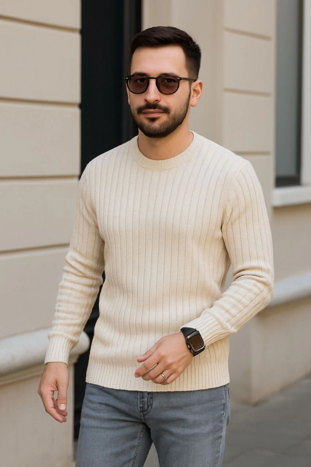 Erkek Fitilli Triko Kazak 3’lü Set – Bej, Bebek Mavisi, SiyahKalın Dokuma Pamuklu Regular Fit Bisikl