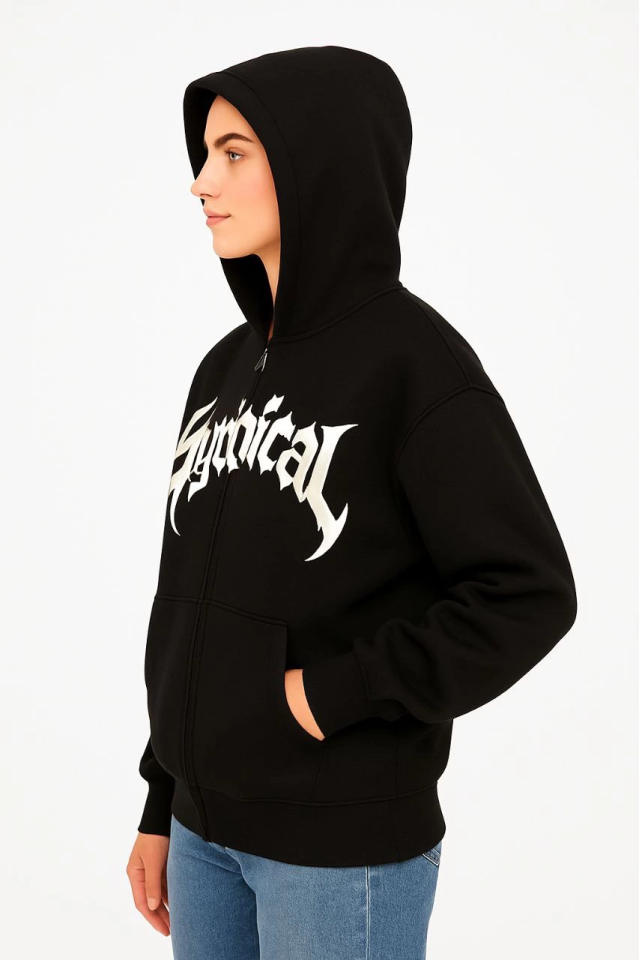 Oversize Kapüşonlu Sweatshirt Hoodie 3 İplik Şardonlu Pamuklu Kumaş, Önü Baskılı, Fermuarlı Rahat Ka