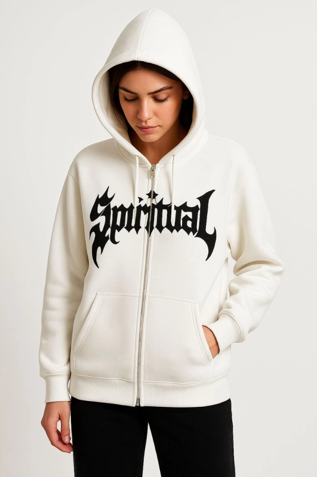 Oversize Kapüşonlu Sweatshirt Hoodie 3 İplik Şardonlu Pamuklu Kumaş, Önü Baskılı, Fermuarlı Rahat Ka