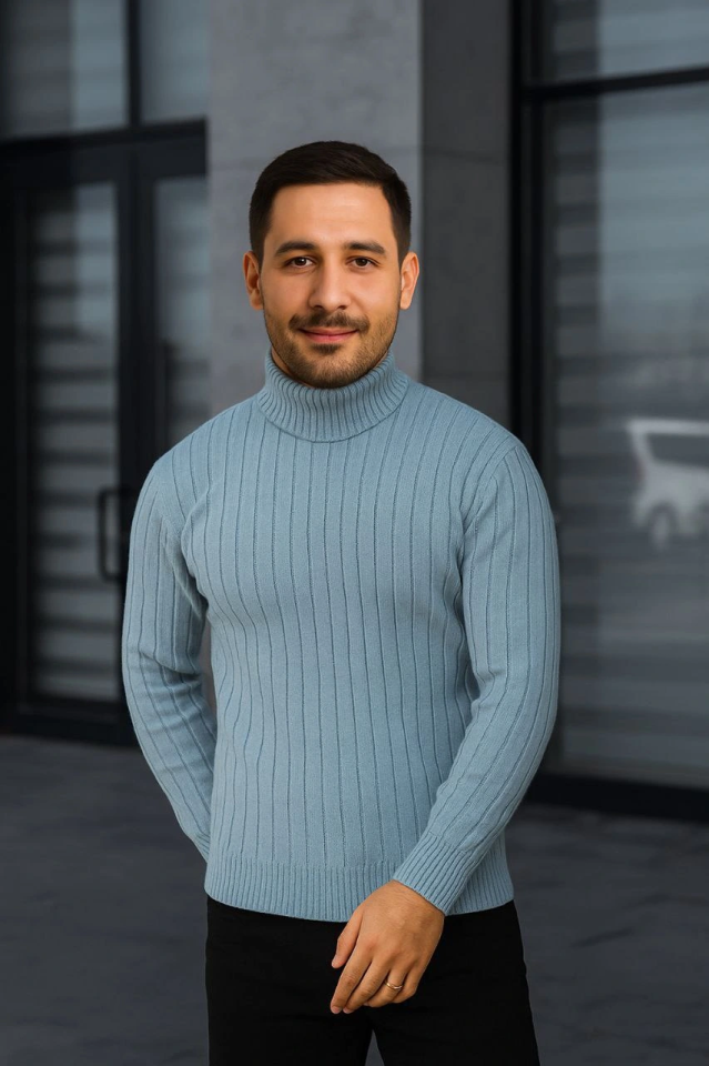 Erkek Fitilli Triko Kazak 2li Set Bebek Mavisi Siyah Regular Balıkcı Yaka Tam Boğazlı Triko Seti Mod