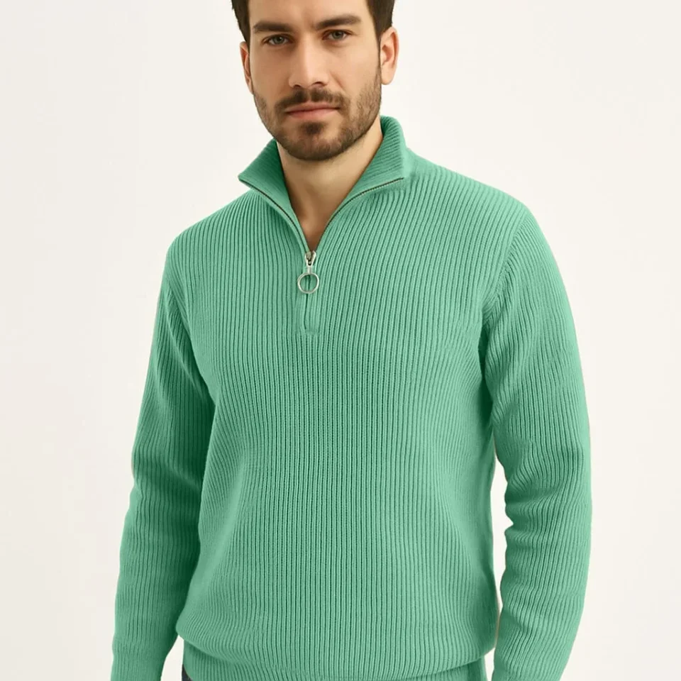 Erkek Fitilli Triko Kazak 2’li Set – Mint Yeşili - Siyah, Kalın Dokuma Pamuklu Regular Fit V Yaka Fe - Görsel 4