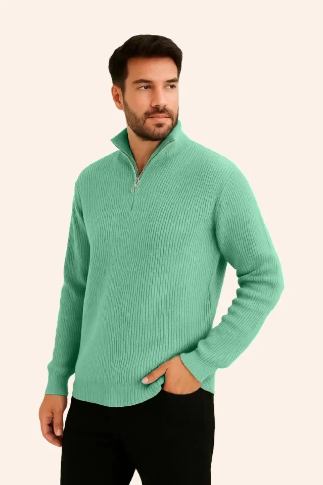 Erkek Fitilli Triko Kazak 3’lü Set – Mint Yeşili, Siyah, Füme Kalın Dokuma Pamuklu Regular Fit V Yak