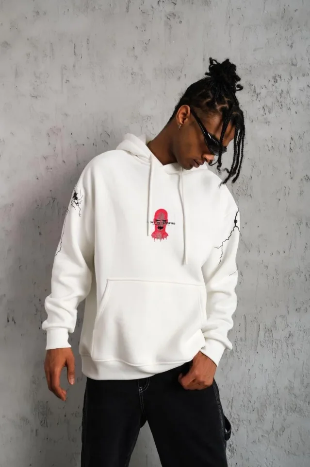 Erkek Maske Baskılı Kapüşonlu Sweat - Beyaz - Görsel 3