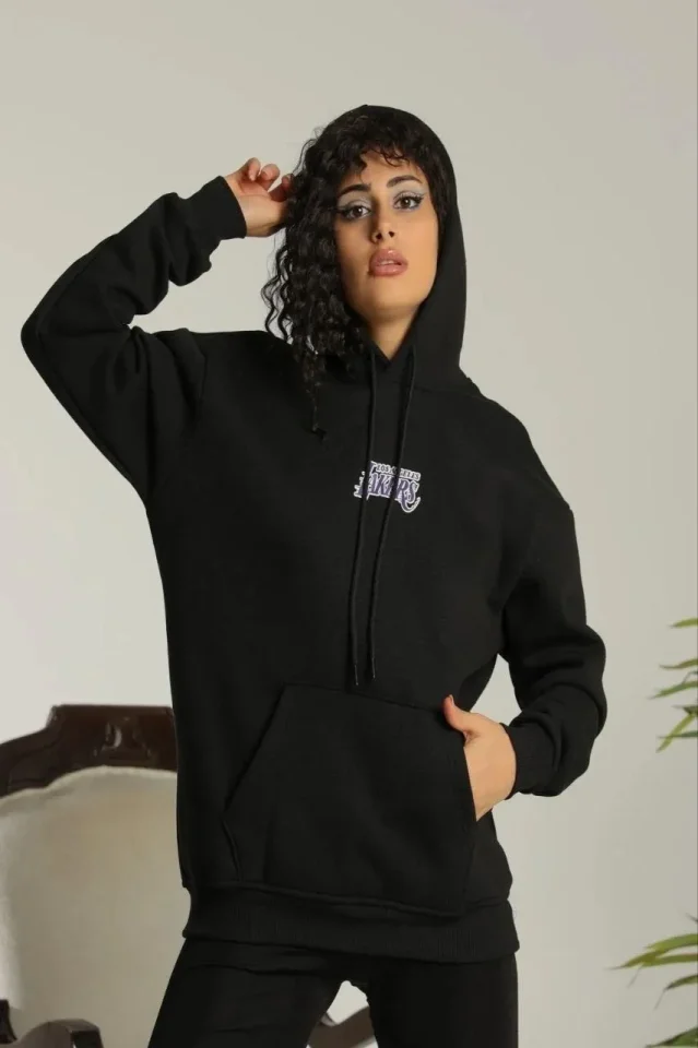 Baskılı Oversize Üç İplik Kapüşonlu Sweatshirt – Siyah