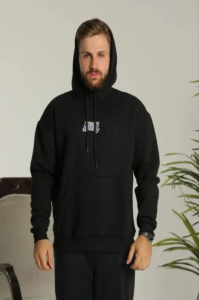 Erkek Baskılı Oversize Üç İplik Kapüşonlu Sweatshirt – Siyah