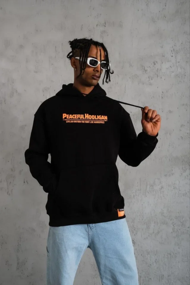 Erkek Armalı Baskılı Kapüşonlu Sweatshirt – Siyah