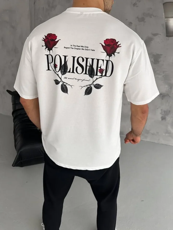 Unisex Bisiklet Yaka Baskılı Oversize T-Shirt – Beyaz
