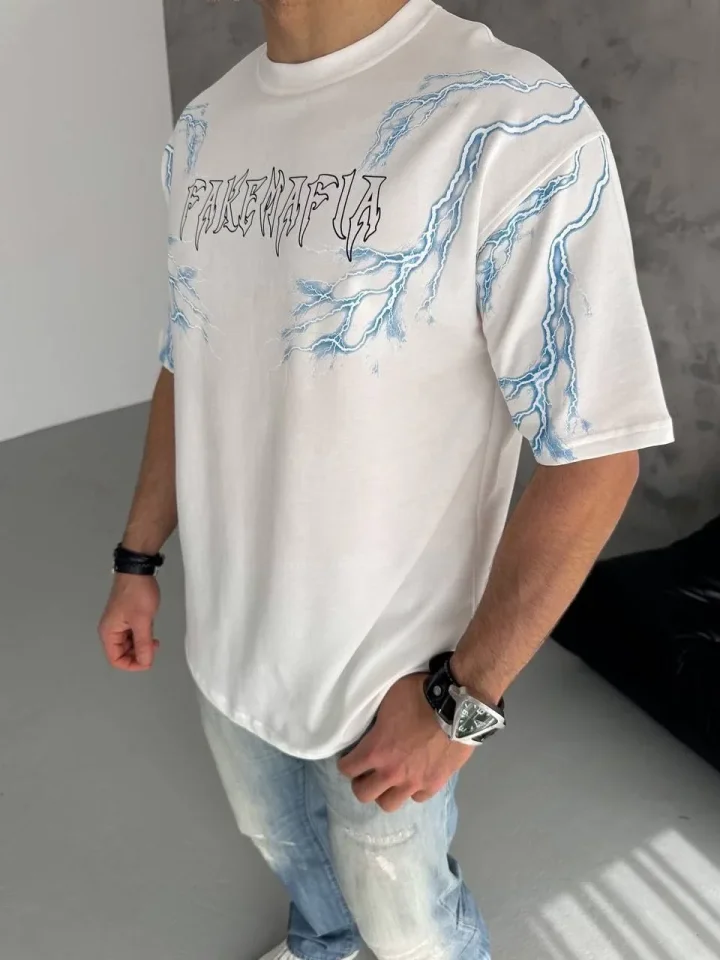Unisex Bisiklet Yaka Baskılı Oversize T-Shirt – Beyaz