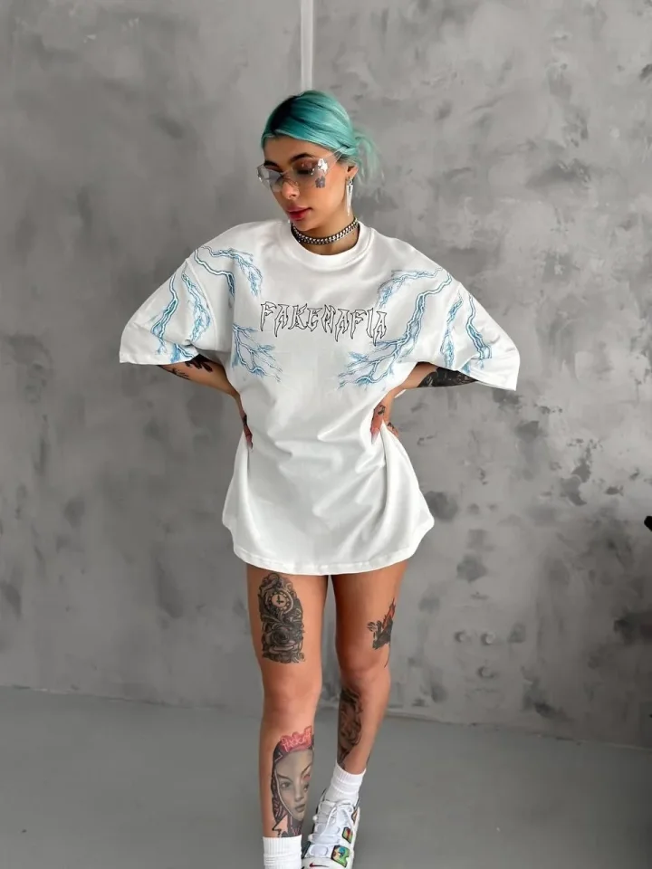 Unisex Bisiklet Yaka Baskılı Oversize T-Shirt – Beyaz