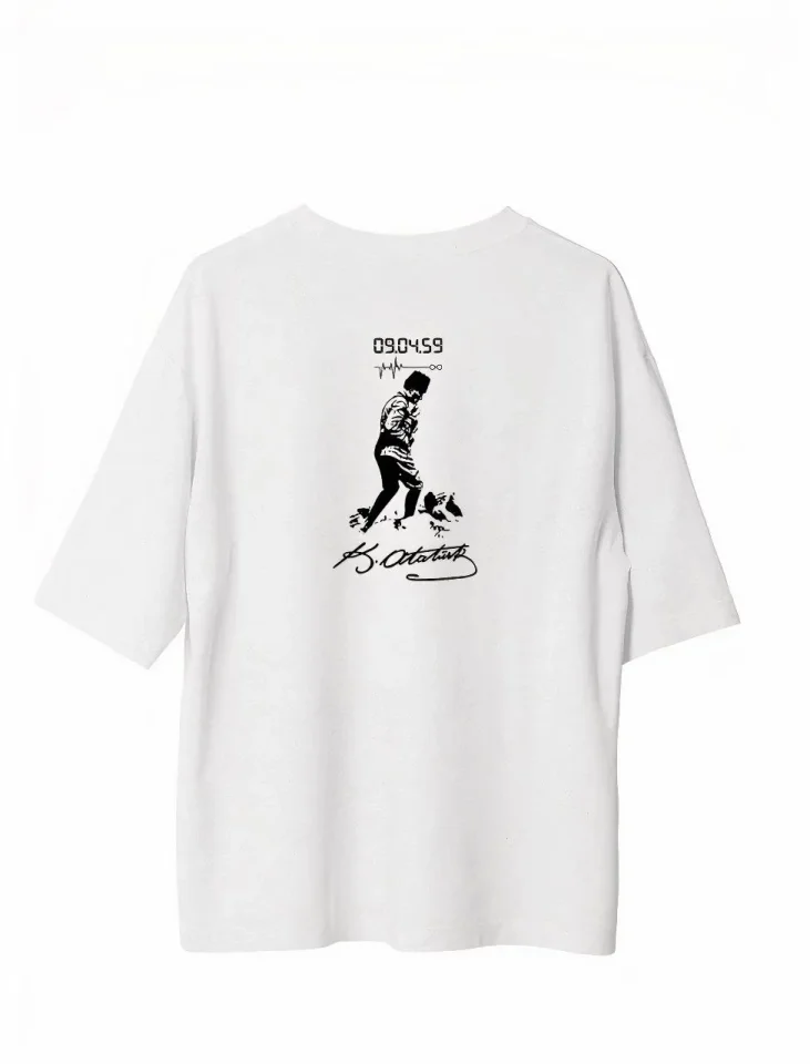 Unisex Bisiklet Yaka Baskılı Oversize T-Shirt – Beyaz