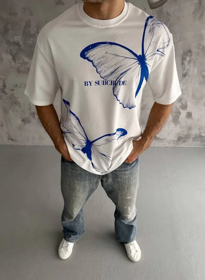 Unisex Bisiklet Yaka Baskılı Oversize T-Shirt – Beyaz