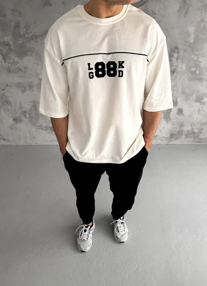 Unisex Bisiklet Yaka Baskılı Oversize T-Shirt – Beyaz