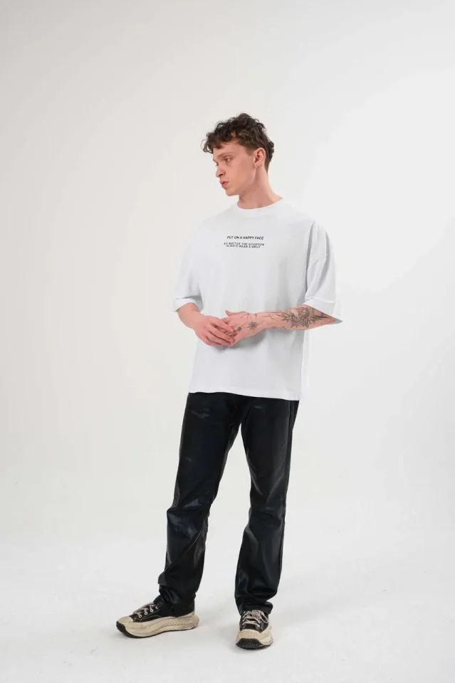 Unisex Bisiklet Yaka Baskılı Oversize T-Shirt – Beyaz