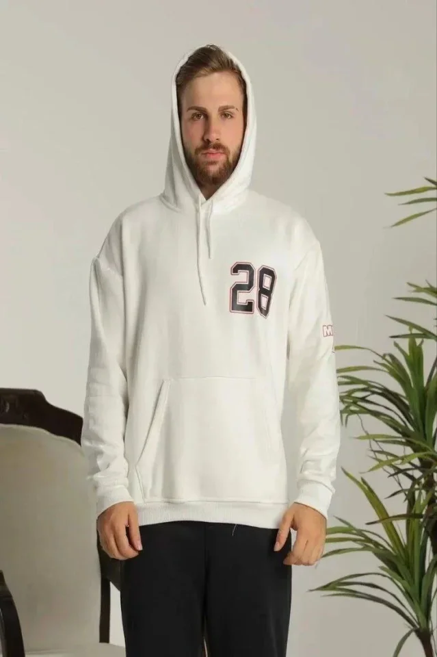 Unisex Kapşonlu Baskılı Sweetshirt – Beyaz