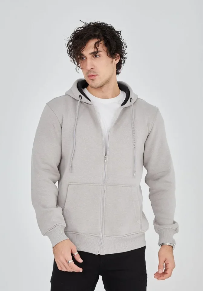 Unisex Tam Fermuarlı Kapşonlu SweatShirt - Boyalı Gri