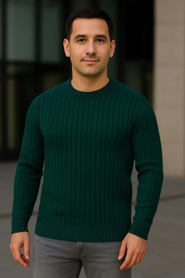 Erkek Fitilli Triko Kazak 3lü Set Gri Haki Siyah Regular Fit Bisiklet Yaka Triko Seti Modeli Kazak - Görsel 4