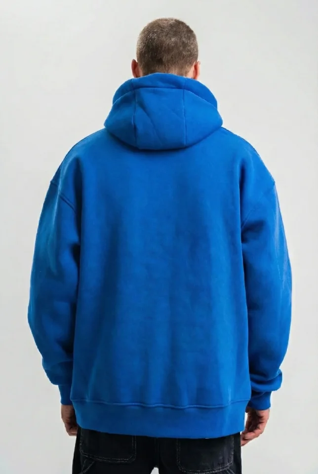 Erkek Saks Mavi Double Oversize 3 İplik Pamuklu Kapüşonlu Kanguru Cepli Sweatshirt Hoodie - Saks Mav