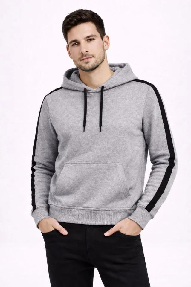 Erkek Şeritli Kapüşonlu Sweatshirt Oversize 3 Iplik Pamuklu - Gri - Görsel 4