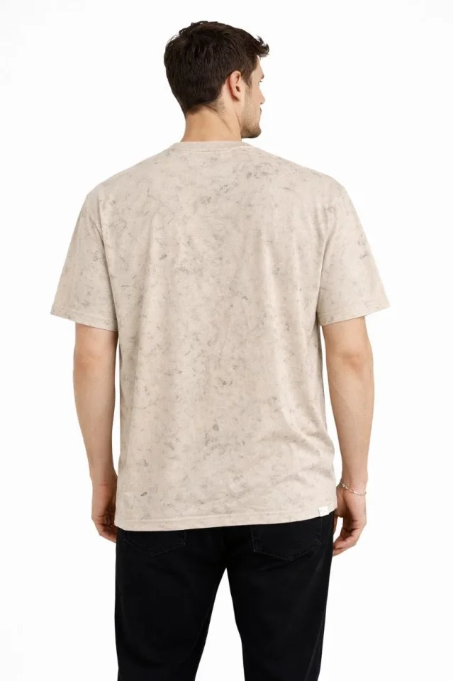 Erkek Asit Yıkama Bisiklet Yaka Kısa Kollu Oversize T-Shirt Tişört – Bej