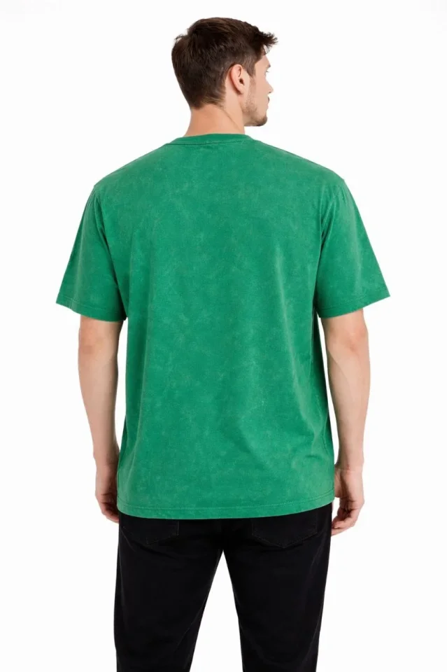 Erkek Asit Yıkama Bisiklet Yaka Kısa Kollu Oversize T-Shirt Tişört – Yeşil