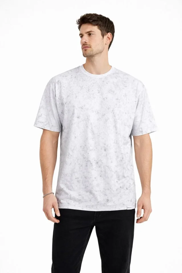 Erkek Asit Yıkama Bisiklet Yaka Kısa Kollu Oversize T-Shirt Tişört – Beyaz