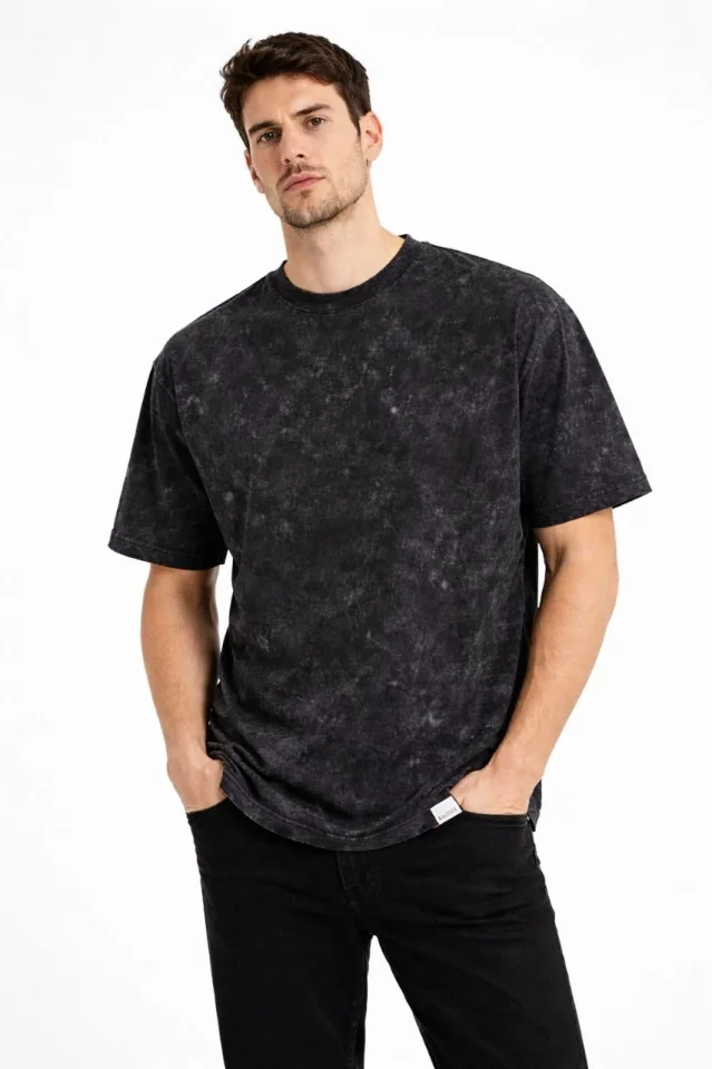 Erkek Asit Yıkama Bisiklet Yaka Kısa Kollu Oversize T-Shirt Tişört – Siyah