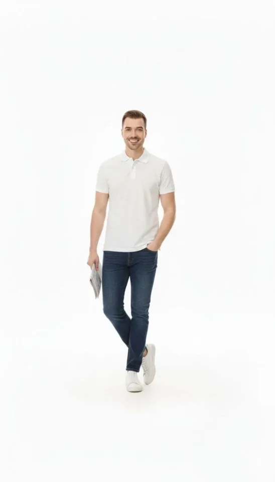 Erkek Pike Kumaş Düğmeli Yaka Regular Fit Günlük Kısa Kol Tişört T-shirt - Beyaz - Görsel 4