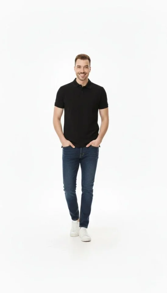 Erkek Pike Kumaş Düğmeli Yaka Regular Fit Günlük Kısa Kol Tişört T-shirt - Siyah - Görsel 3