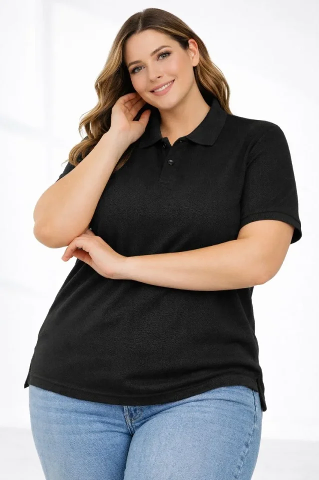Pike Kumaş Düğmeli Yaka Battal Büyük Beden Günlük Kısa Kol Tişört T-shirt – Siyah