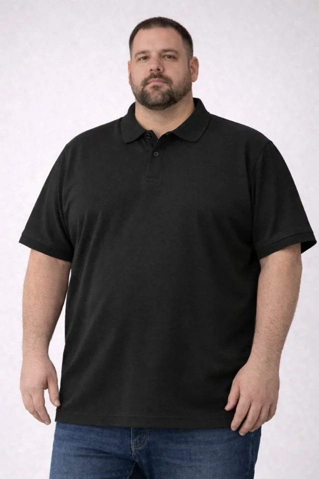 Erkek Pike Kumaş Düğmeli Yaka Battal Büyük Beden Günlük Kısa Kol Tişört T-shirt - Siyah - Görsel 3