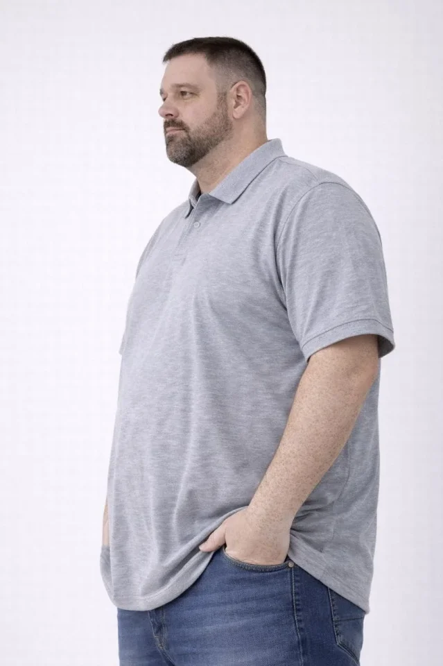 Erkek Pike Kumaş Düğmeli Yaka Battal Büyük Beden Günlük Kısa Kol Tişört T-shirt – Gri