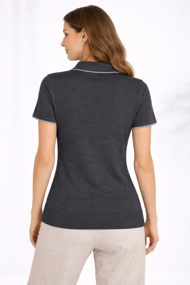 Triko Kumaş Yakalı Düğmesiz Açık Yaka Fitilli Kısa Kollu Regular Fit Tişört T-shirt – Siyah