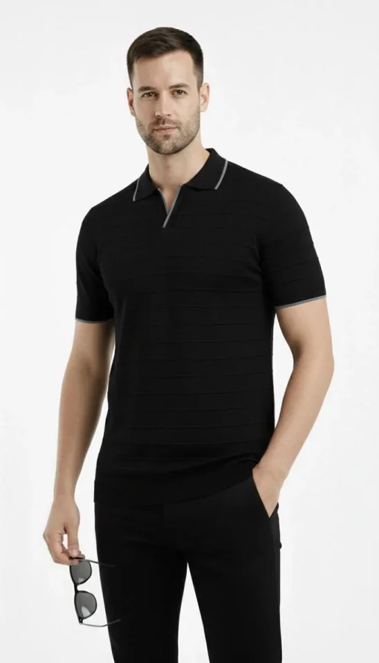 Erkek Triko Kumaş Yakalı Düğmesiz Açık Yaka Fitilli Kısa Kollu Regular Fit Tişört T-shirt - Siyah - Görsel 3