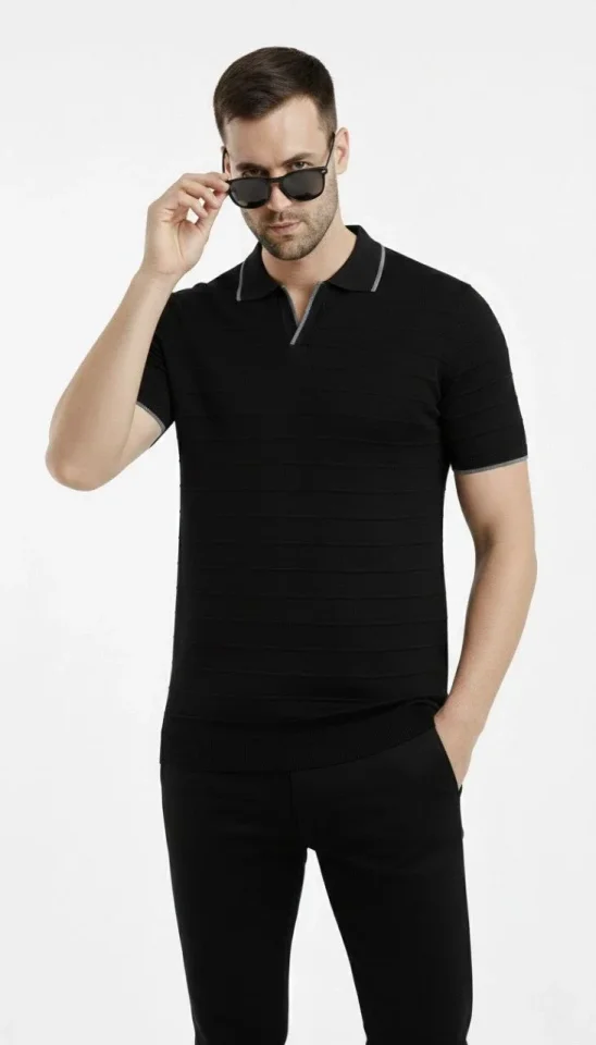 Erkek Triko Kumaş Yakalı Düğmesiz Açık Yaka Fitilli Kısa Kollu Regular Fit Tişört T-shirt - Siyah - Görsel 4