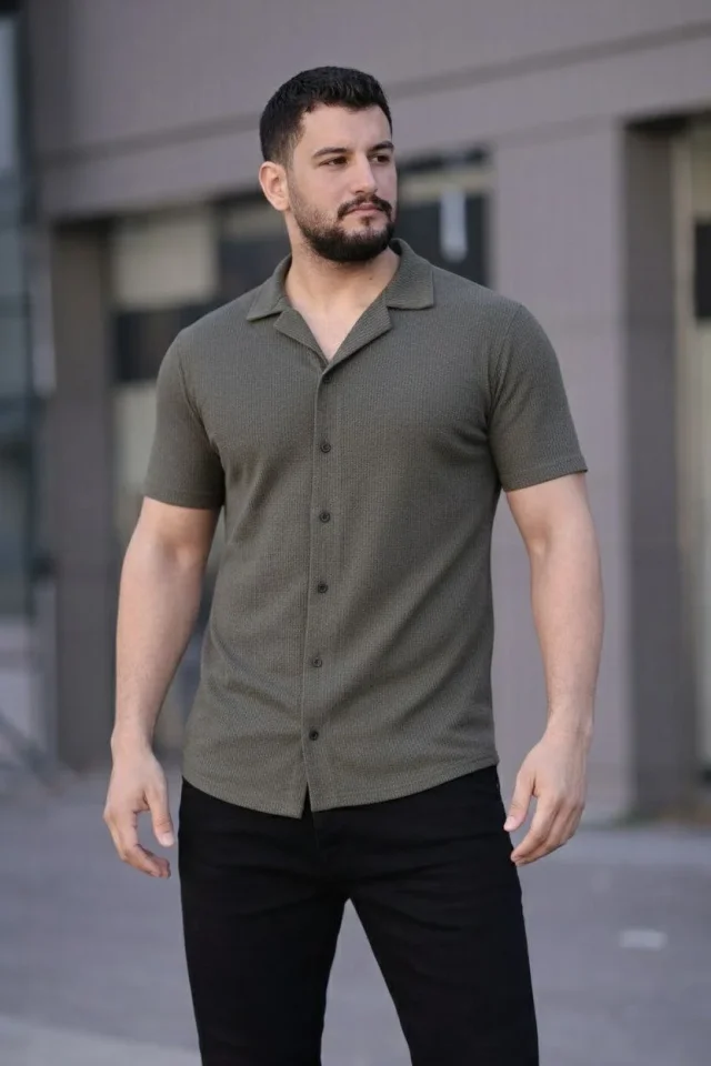 Erkek Waffle Kumaş Kısa Kollu Düğmeli Açık Yaka Regular Fit Gömlek – Haki