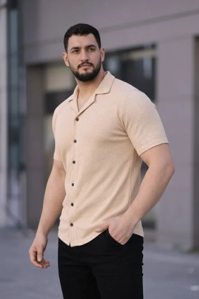 Erkek Waffle Kumaş Kısa Kollu Düğmeli Açık Yaka Regular Fit Gömlek – Bej