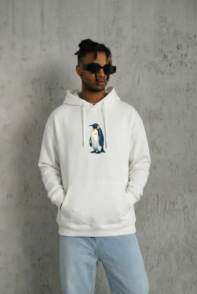 Siyah Oversize Hoodie – Sırt Baskılı Survivor Penguin Temalı, Felsefi Yazılı Kapüşonlu Sweatshirt –