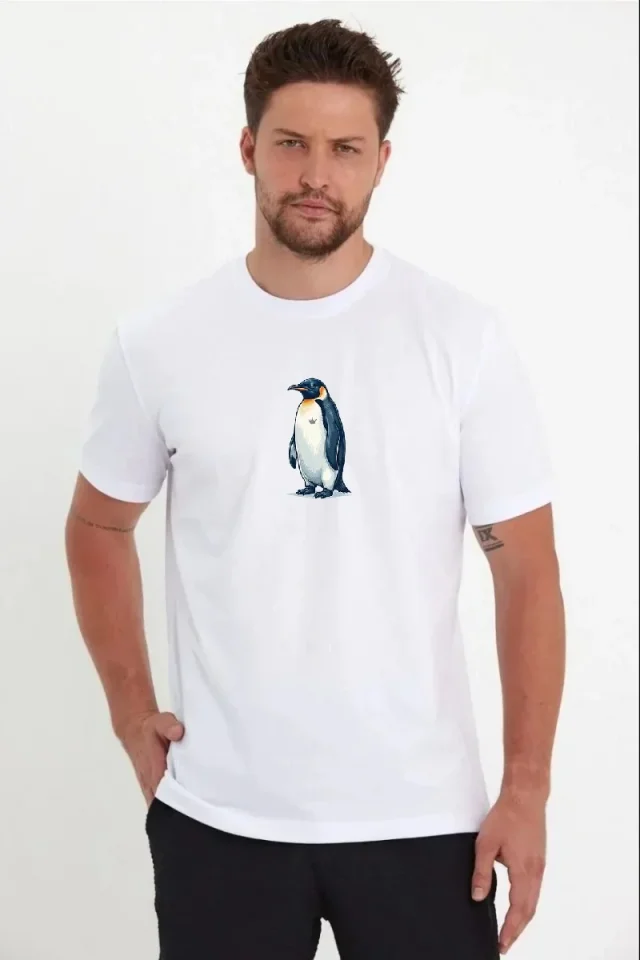 Erkek Oversize Tişört - Sırt Baskılı Survivor Penguin Temalı, Felsefi Yazılı Bisiklet Yaka Tişört -