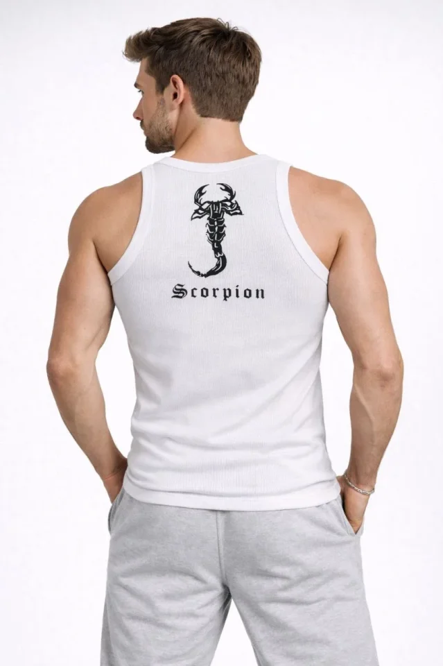Erkek Fitilli Atlet Sıfır Yaka Slim Fit Arka Baskılı Spor Atlet - Beyaz