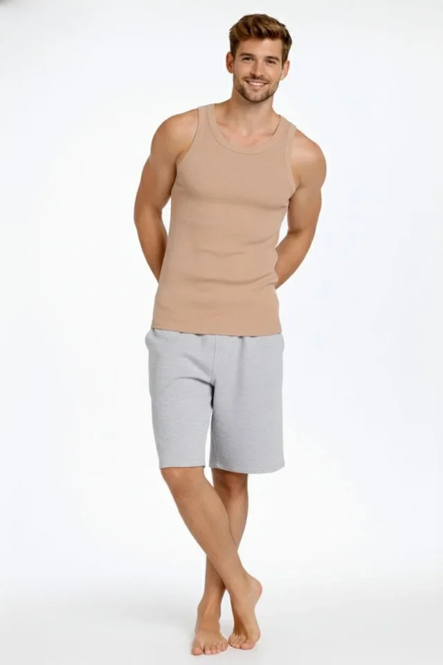 Erkek Fitilli Atlet Sıfır Yaka Slim Fit Arka Baskılı Spor Atlet – Bej